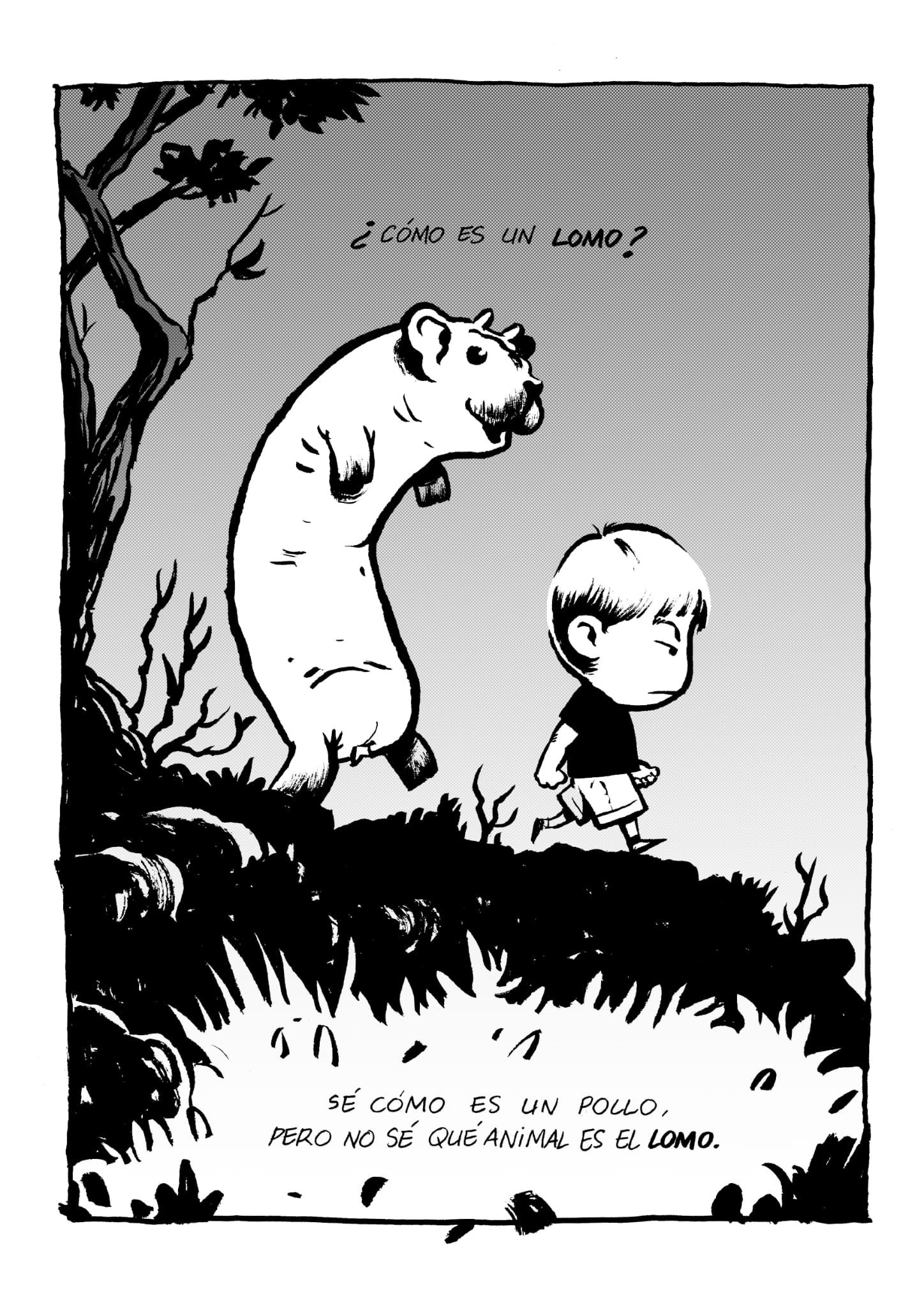 Segunda página de Qué animal es el lomo, con el niño y un animal en el bosque