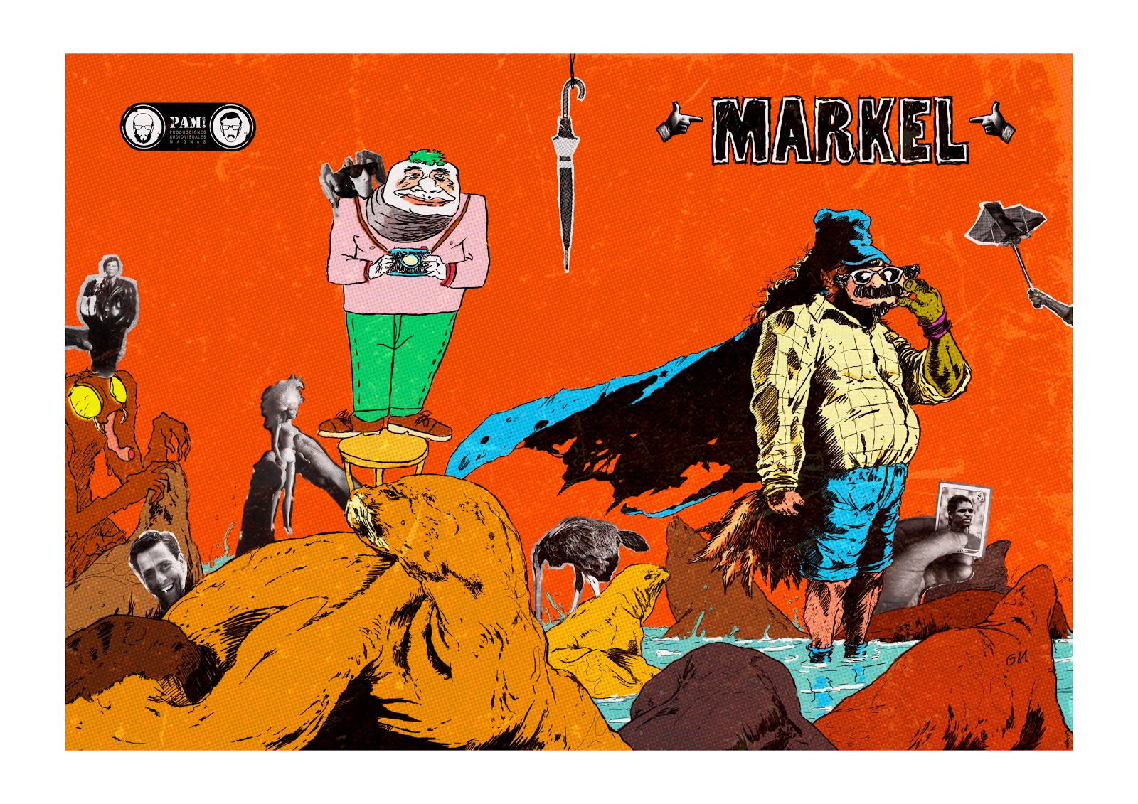 Pieza gráfica de Gianni Markel realizada por Vicente Perpiñá y Luis Miguel Alonso, con fondo naranja y personajes dibujados
