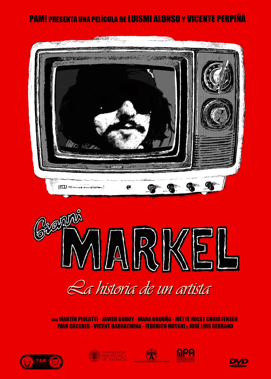 Cartel rojo de Gianni Markel con un televisor central, realizado por Vicente Perpiñá y Luis Miguel Alonso