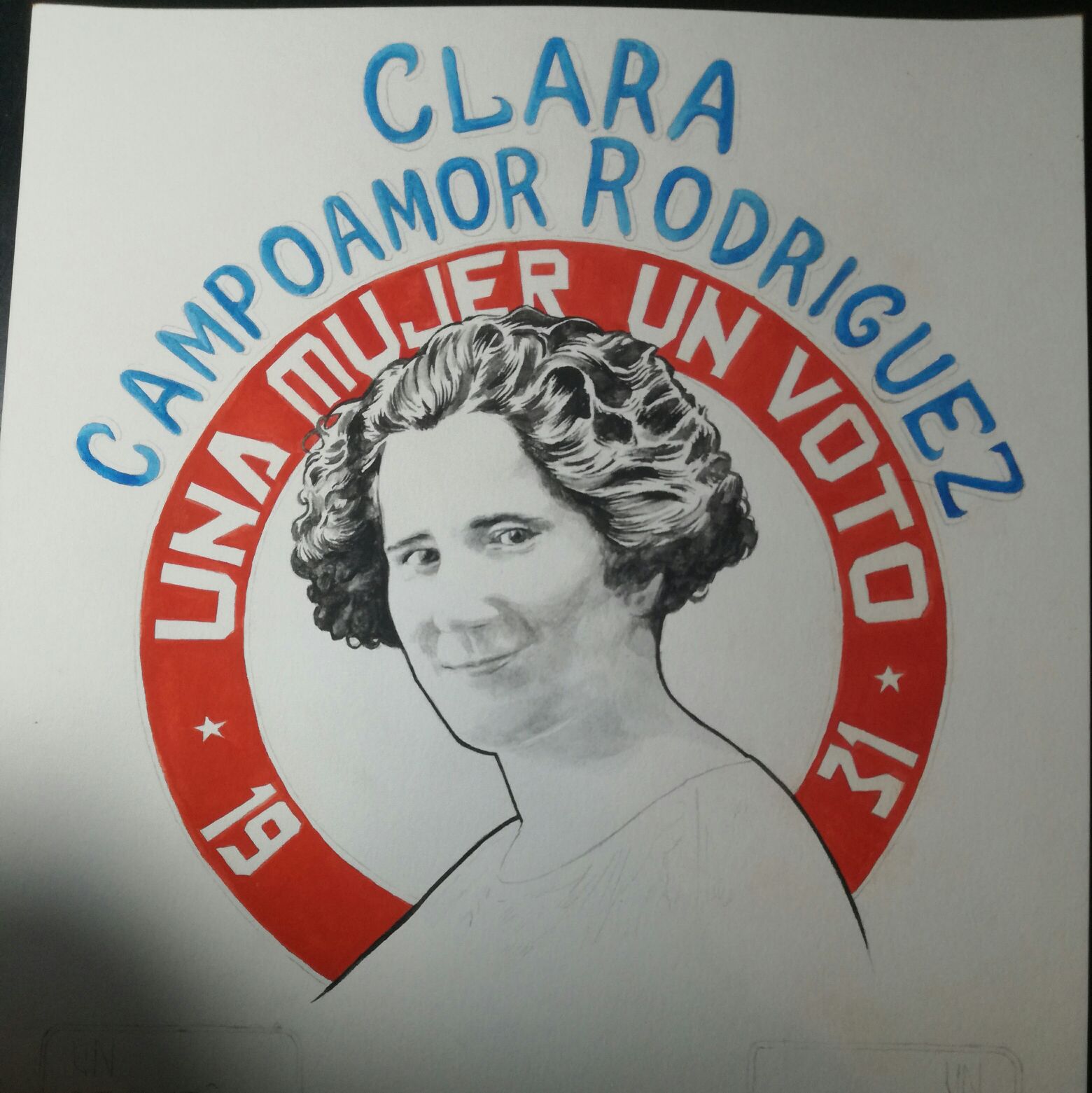 La ilustración dedicada a Clara Campoamor durante una fase avanzada de ejecución