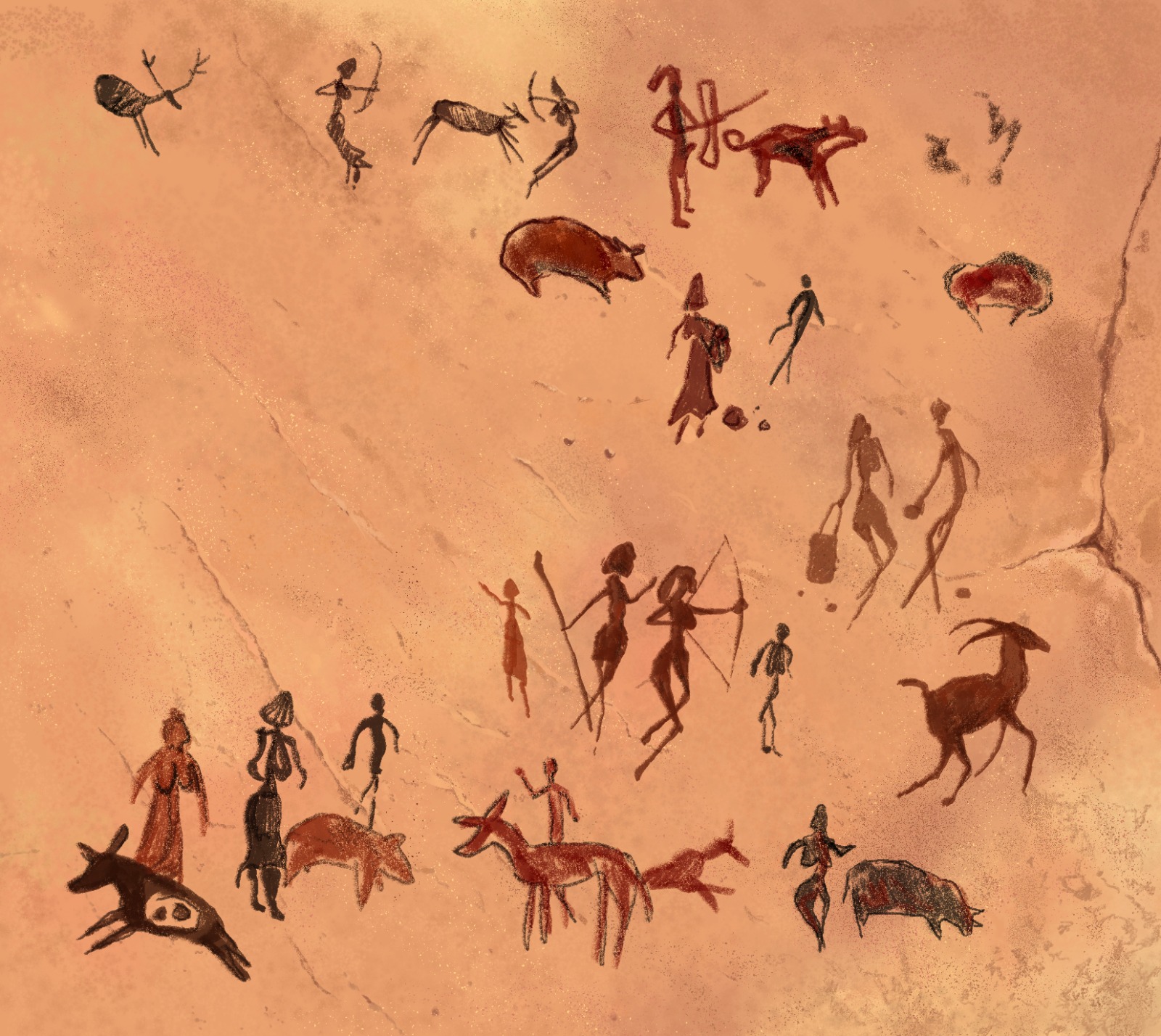 Ilustración digital de inspiración rupestre realizada por Vicente Perpiñá para visibilizar la presencia de las mujeres en la sociedad prehistórica