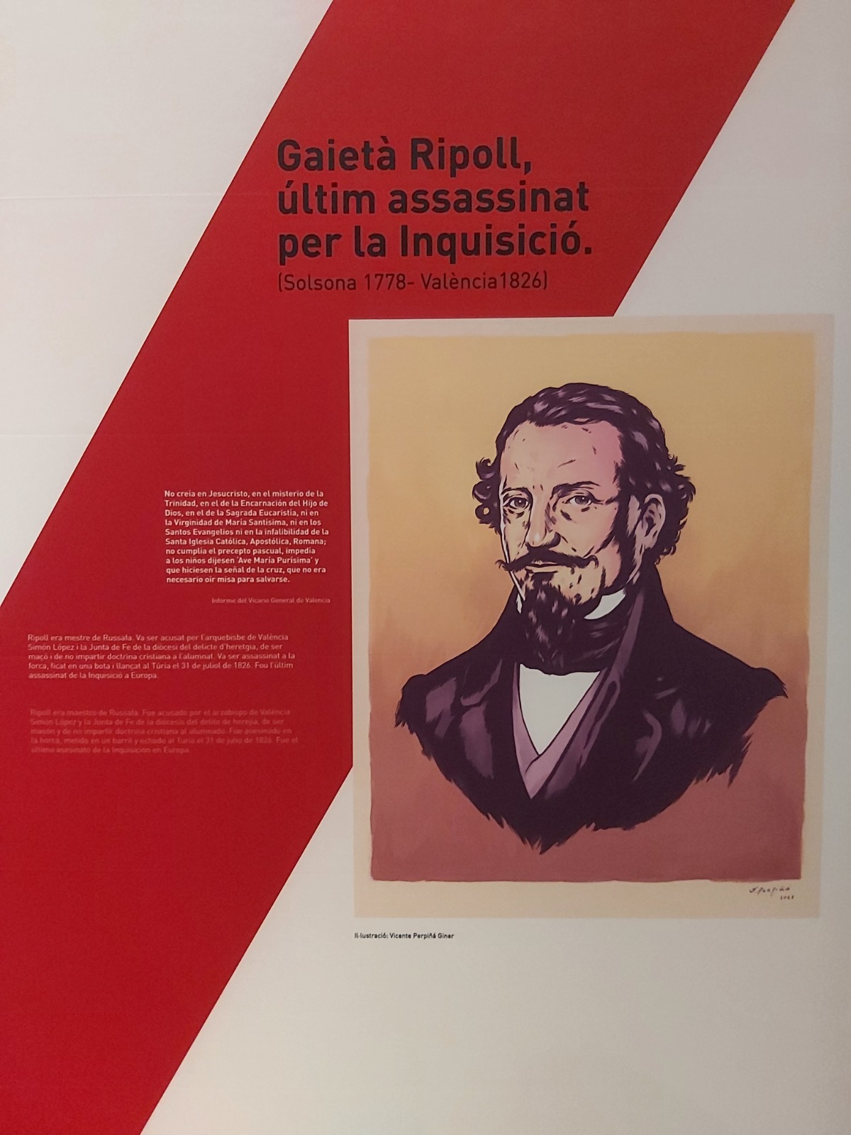 Panel expositivo dedicado a Cayetano Ripoll con la ilustración realizada por Vicente Perpiñá integrada en el montaje