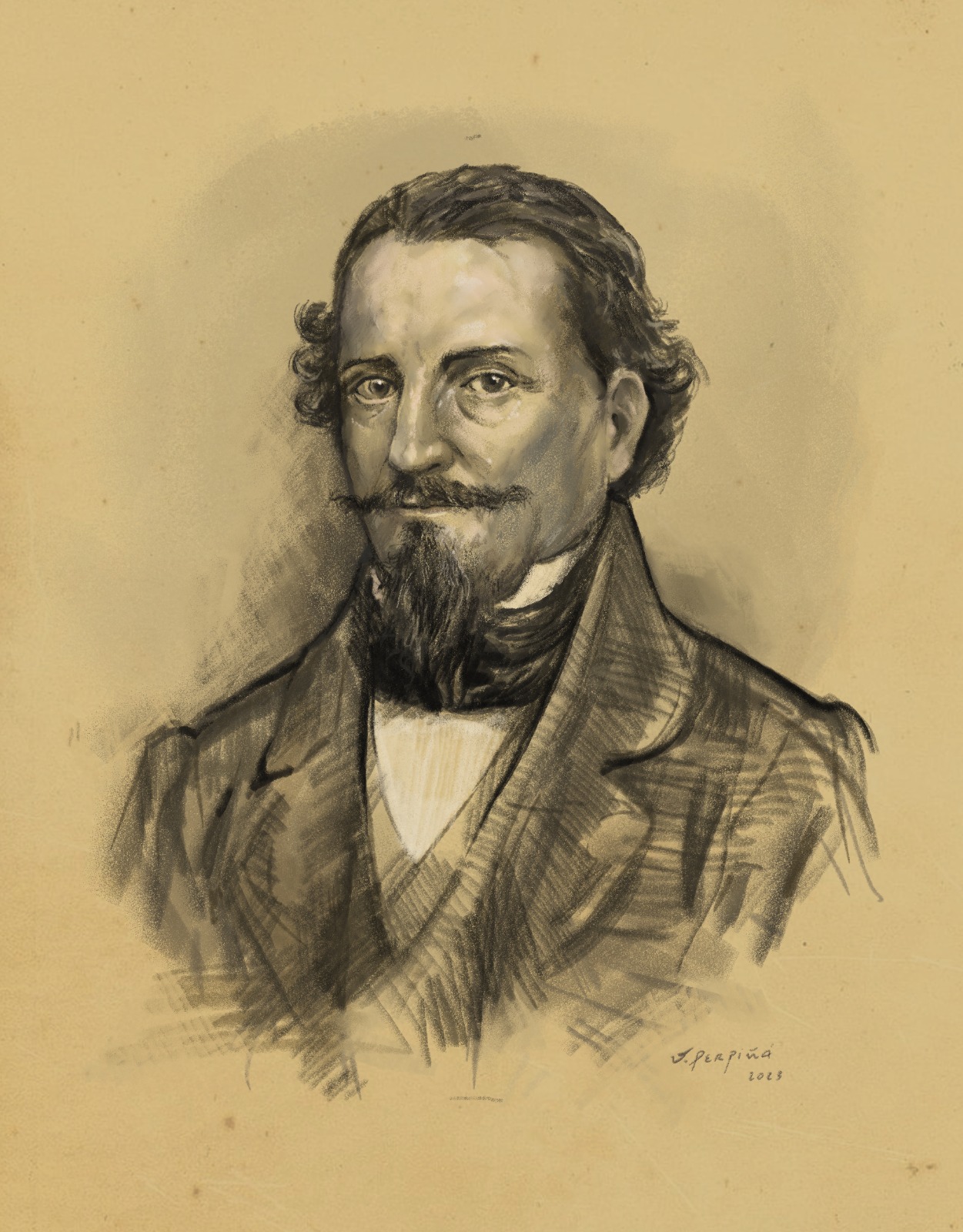 Boceto inicial descartado del retrato de Cayetano Ripoll realizado por Vicente Perpiñá durante el desarrollo del proyecto